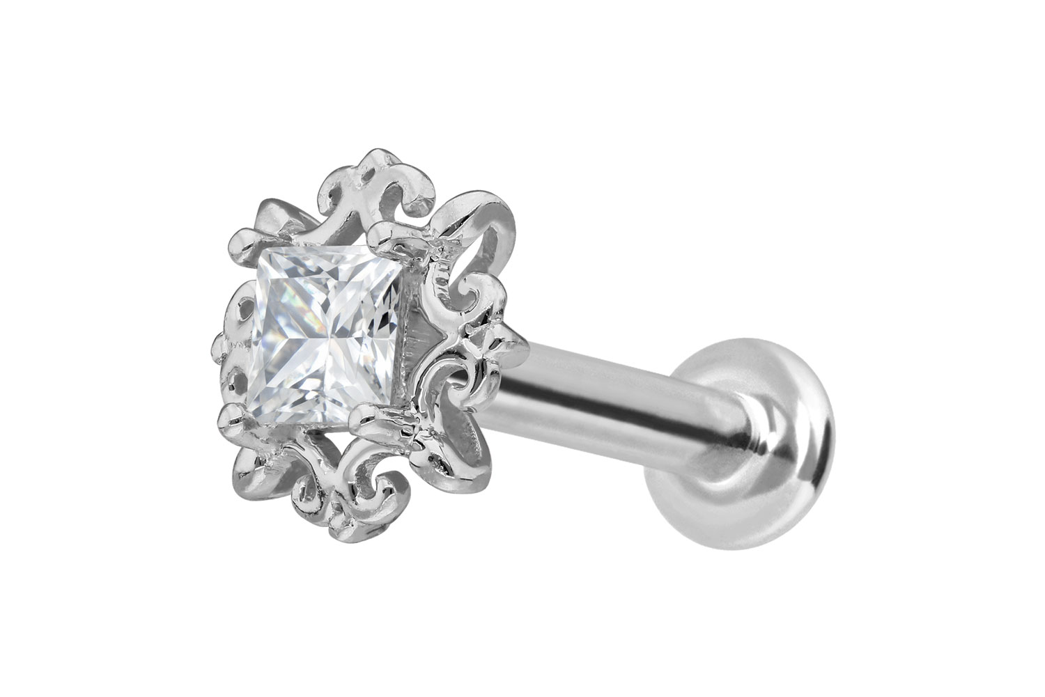 14 Karat Gold Labret Piercing mit Innengewinde MOISSANIT-QUADRAT + ORNAMENTE